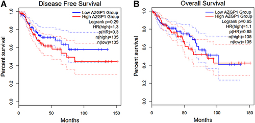 Figure 10 Survival analysis in patients with CRC in terms of disease-free survival and overall survival. (A) Kaplan-Meier curves for disease-free survival; (B) Kaplan-Meier curves for overall survival.