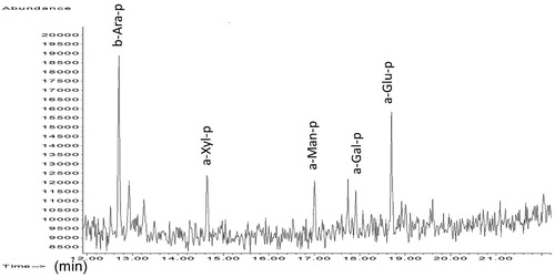 Figure 20. Chromatogram of nopal sample exposed to alkaline medium. Acronyms as in Figure 5.