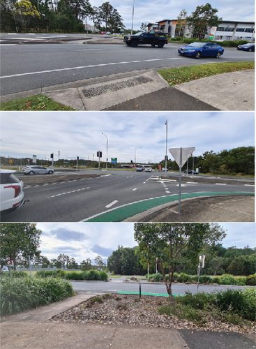 Figure 4. Pictures of roads with poor pedestrian infrastructure around Sippy Downs, Queensland. The top picture shows an intersection with a road with multiple lanes of traffic, speed limit of 60 km/h. No controlled pedestrian crossing is provided. The middle picture shows an intersection with absent facilities for pedestrian crossings. The bottom picture is in front of a school and is an untreated crossing that connects to the bus stop on the other side of the school. The crossing is obscured, at the speed limit is 60 km/h, with two lanes of traffic in each direction.