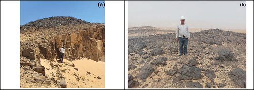 Figure 2. Field photographs of the studied Oligo-Miocene Al-Hemmah basaltic rocks, north Sinai, Egypt. (a) Huge masses of basaltic sheets exhibit columnar joints (b) basaltic flows are pale gray and friable at the surface.