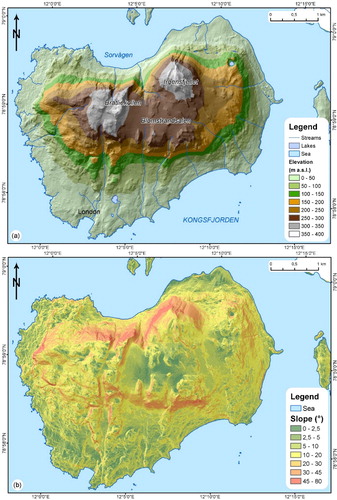 Figure 5. Orographic and hydrographic features of the Blomstrandøya area (location in Figure 1); base data from Norwegian Polan Institute (https://geodata.npolar.no/). (a) Elevation distribution and hydrography; (b) Slope distribution.