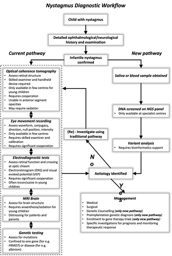 Figure 9. Diagnostic workflow for patients with nystagmus. The current pathway suggests a number of different investigations in order to identify the underlying etiology: optical coherence tomography, eye movement recordings, electrodiagnostic tests, MRI brain and genetic testing. The new pathway that involves using NGS as a frontline diagnostic tool would help establish a genetic diagnosis and thus guide further investigations and targeted treatment. Reproduced from Thomas et al. [Citation155] under Creative Commons