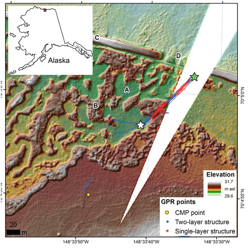 FIGURE 1. A 2011 LiDAR Digital Elevation Model of study site near Prudhoe Bay in northern Alaska with the ground penetrating radar (GPR) transects indicated as red and blue dots. White regions indicate missing LiDAR data. Label A indicates a wet depression, B is a dry hummock, with subsurface ice, C is the access road for the Trans-Alaska pipeline, and D is a spillover for flood prevention. Green and white stars indicate starting and ending points of the sample GPR image depicted in Figure 3, part a. The two layer stratigraphy (blue dots) only occurs in topographic depressions.