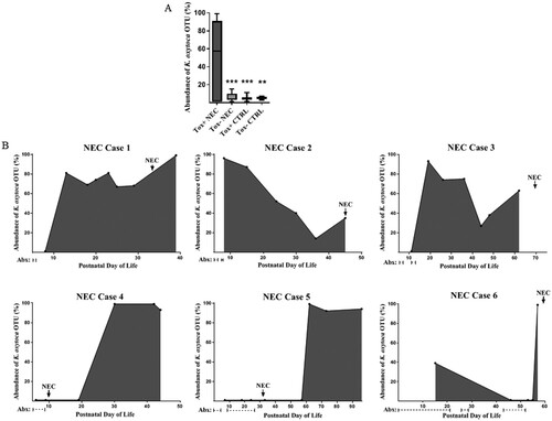 Figure 3. Relative abundance of K. oxytoca OTU in preterm infant fecal samples by 16S rRNA sequencing. A, Mean percentages of rarified reads for the OTU were significantly greater in NEC subjects harbouring toxin-positive strains compared to NEC cases harbouring toxin-negative strains or the non-NEC controls (toxin-positive or toxin-negative). Data represents the composite abundance of K. oxytoca in samples obtained on an approximate weekly basis during the time periods specified in Table 1. Analysis was by one-way ANOVA with Tukey’s multiple comparisons test. ***P < 0.0001, **P < 0.01 when compared to Tox+ NEC. B, The abundance of the K. oxytoca OTU in NEC subjects harbouring toxin-positive strains relative to postnatal day of life, onset of NEC, and administration of systemic antibiotics.