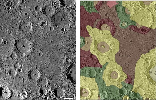 Figure 4. Example area of intercrater plains in H06. This type of plain shows a rough texture and is heavily cratered. This leads to this terrain considering to be the oldest surface of Mercury. Basemap: 166 m/pixel BDR mosaic in equirectangular projection. Notes: An example of intercrater plains as shown in BDR mosaic and corresponding geological map of the same view.