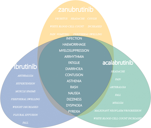 Figure 1. Overlapping common preferred terms (PTs) for the top 20 adverse events (AEs) associated with ibrutinib, acalabrutinib and zanubrutinib.