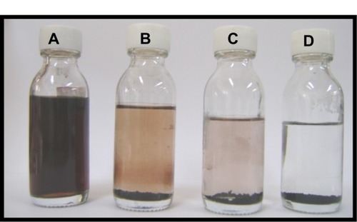 Figure 3 Sedimentation of AgNPs at different times. AgNPs were synthesized by cysteine reduction at high agitation (800 rpm) for 4 hours. (A) 1 day; (B) 8 days; (C) 15 days; (D) 30 days.Abbreviation: AgNPs, silver nanoparticles.