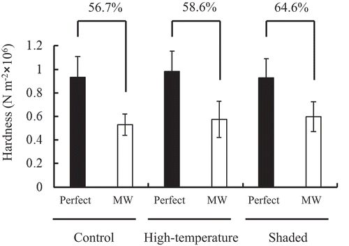 Figure 3. Grain hardness of perfect and MW grains grown in control, high-temperature, and shaded conditions at the Tsukuba site (2007). Values are the mean± standard deviation (n = 10 grains). Values above the bridge between perfect grains and MW grains in each condition indicate the ratio of MW to perfect grains.