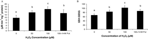 Figure 4. (A) AsA content and (B) GSH:GSSG in Salvinia plants grown under varying concentration (0, 50, 100 µM) and 100 µM of H2O2 supplemented with 1 mM putrescine (100 µM + 1 mM Put). The values are plotted from means (± SE) of replication (n =3), (P ≤ 0.05).