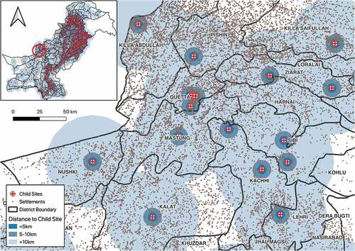 Figure 3. Distribution and geographical accessibility catchment zone (5 km buffer) of child sites (secondary and tertiary facilities) in Pakistan.