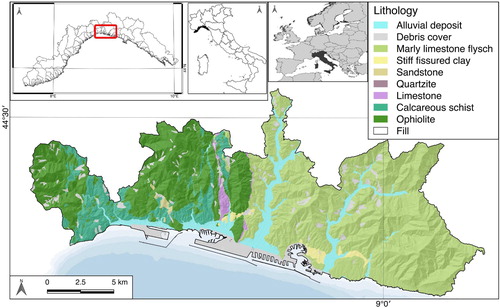 Figure 1. Geological scheme of Genoa Municipality and location maps.