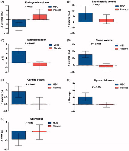 Figure 3. Differences in cardiac function from baseline to 6-month follow-up. (A) End-systolic volume, (B) end-diastolic volume, (C) ejection fraction, (D) stroke volume, (E) cardiac output, (F) myocardial mass, and (G) scar tissue (Paired t-test. Bar values are mean ±95% confidence intervals). (Reprinted from Mathiasen et al. Eur Heart J. 2015 Jul 14;36(27):1744–53 with permission from Oxford University Press).