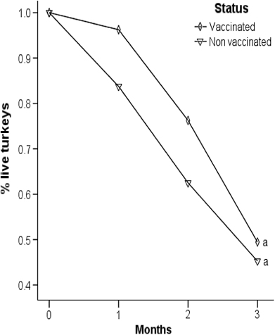 Figure 1. Survival curve for mortality of turkeys, vaccinated and non-vaccinated against fowlpox, raised in the backyard system of Yucatan, Mexico (Wilcoxon–Gehan test: P < 0.05, degrees of freedom = 1; different letters indicate significant differences between curves).