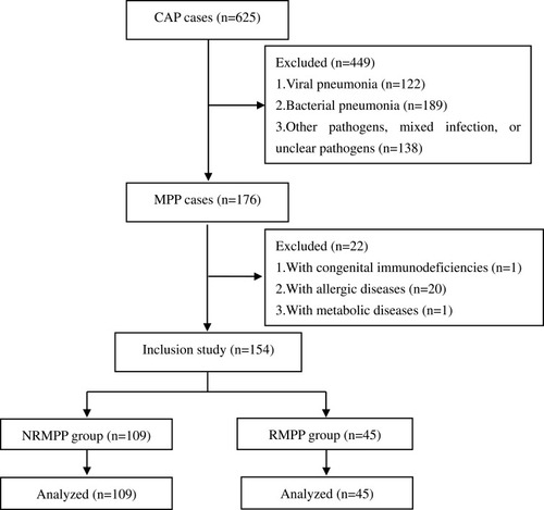 Figure 1 The study flow chart.Abbreviations: CAP, community-acquired pneumonia; MPP, Mycoplasma pneumoniae pneumonia; NRMPP, non-refractory Mycoplasma pneumoniae pneumonia; RMPP, refractory Mycoplasma pneumoniae pneumonia.