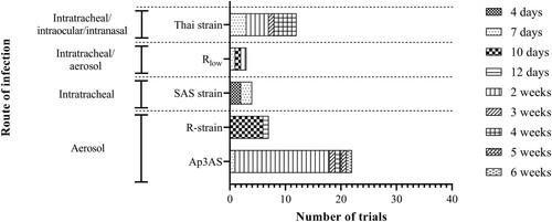 Figure 2. Numbers of trials and the routes used to deliver each virulent Mycoplasma gallisepticum strain used for challenge. Five different strains, Ap3AS, R-strain, SAS strain, Rlow and a Thai strain, were used, with these different challenge strains delivered by aerosol, or intratracheal, intraocular or intranasal instillation. The time between challenge and necropsy varied from 4 days to 6 weeks after challenge.