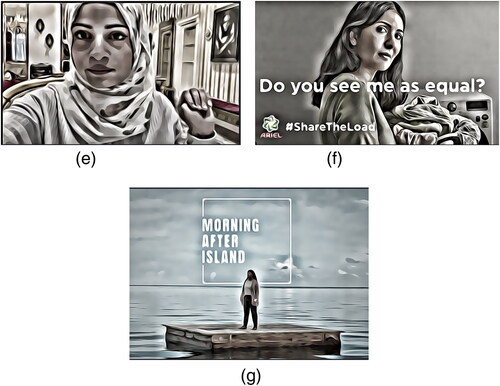 Figure A1. (a) Child Marriage Prevention Loan Campaign, IPDC Finance Ltd. & Amal Foundation, Grey Bangladesh, Dhaka. Pictured here: A young mother, a child bride, now with her own child. (b) Beyond the Binary Campaign, Spark, Colenso BBDO, Auckland, New Zealand. Pictured here: A depiction of the option to choose beyond binary (man/woman) categories online. (c) As Early As Five, Dove/Unilever, Ogilvy, London/SWIFT, Portland, United Kingdom. Pictured here: A young girl featured in the campaign who narrates the ad describing her struggle to combat race-based hair discrimination through the years. (d) DojaCode, Girls Who Code, MoJo Supermarket, New York, United States. Pictured here: Collaboration with musician Doja Cat to get girls interested in coding through a campaign that features the first-ever codable music video. (e) Signal for Help, Canadian Women’s Foundation, Juniper Park/TBWA, Toronto, Ontario, Canada. Pictured here: A woman uses the discreet hand gesture—the Signal for Help—to alert others during a video call that she is in threat of experiencing gender-based violence. (f) See Equal #SharetheLoad for Ariel, P&G India, BBDO India, Mumbai, India. Pictured here: An Indian woman is featured in the ad questioning the issues of equality surrounding household duties and gender roles. (g) Morning After Island, Grupo Estratégico PAE, Ogilvy Honduras, Tegucigalpa, Honduras. Pictured here: A Honduran woman stands on a wooden platform “island” in international waters where emergency contraception pills can be used legally.