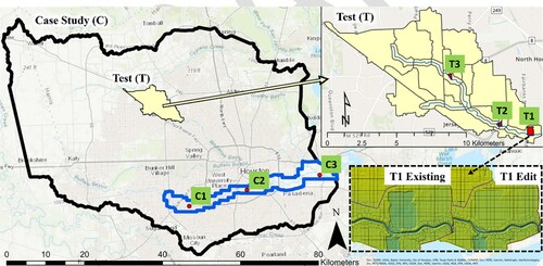 Figure 2. Overview of testing and case study modelling in Texas, USA. The yellow region shows the discrete testing region zoomed in on the upper right with the black lines delineating the sub-domains of 2D models. A detail of the terrain edits for a local pond fill is shown in the lower right for location T1. The blue outline is the location of the abstract testing region for the case study.