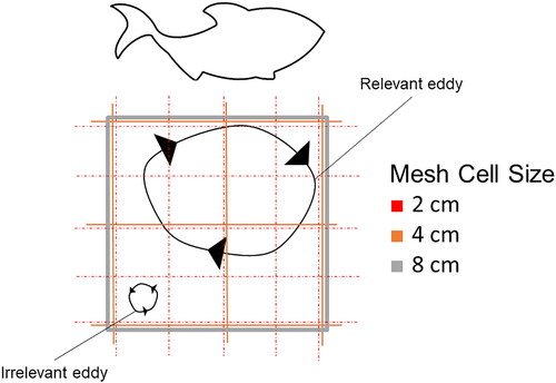 Figure 4. Sketch of the correlation between the relevant fish size, eddy diameter and cell size. More cells describe a connected region of fluid (upper right eddy), improving its identification and visualisation. Eddies smaller than the cell size will not be captured and thus will not be relevant in the evaluation.