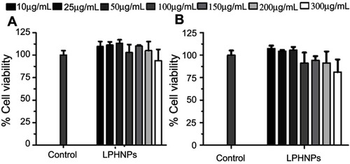 Figure 6 Cell viability study of the blank LPHNPs after 24 hours (A) and 48 hours (B) incubation with MDA-MB-231 cells at 37°C. The results are presented in triplicate with error bars as mean±SD (n=3).Abbreviation: LPHNPs, lipid polymer hybrid nanoparticles.