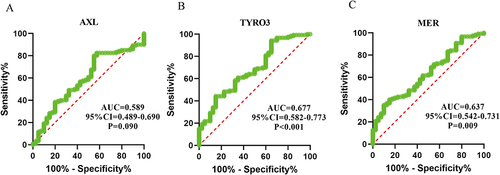 Figure 3 ROC curve analysis of serum AXL (A), TYRO3 (B), and MER (C) as biomarkers to reflect disease severity in AR patients.