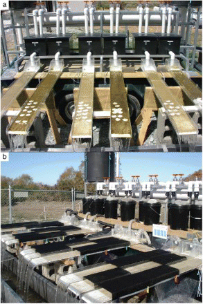 Fig. 4. The experimental flume apparatus used during the collaborative research project between EC and NIWA during 2008–2010 was located on the bank of the Waitaki River, South Island, New Zealand, adjacent to the confluence with the Otiake Spring Creek. (a) The initial design in 2008 had six flumes, all initially colonized with D. geminata using Waitaki River water. Subsequently, three of the flumes were shifted to Otiake Spring Creek water (treatment), while the other three remained as controls and continued to receive Waitaki River water (details in Bothwell & Kilroy Citation2011). (b) In 2009–2010, a total of 12 flumes were employed to test additions of P or N and light intensity using shading cloth (details in Bothwell & Kilroy Citation2011; Kilroy & Bothwell Citation2011a).