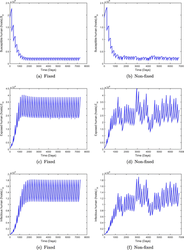 Figure 8. System behaviour for fixed and non-fixed mass administration of ivermectin with α=0.10,R0=0.9352,b1=0.0009,b2=0.35,βh=0.00443,φ=0.025,βv=0.00175,μv=0.012. Non-fixed adminsitration may produce lower overall numbers of infected individuals, but the outcome is not predictable.