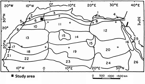 Figure 1. Sketches of the phytogeographical subdivisions of the Sahara and neighbouring territories by Le Houérou (Citation1990, Citation1995). 1: Mediterranean region (semi-arid to hyper-humid zones); 2: Western arid steppe zone; 3: Central arid steppe zone; 4: Eastern arid steppic zone; 5: Oceanic northern Sahara zone; 6: Western Northern Sahara transition zone; 7: Central Northern Sahara transition zone; 8: Oriental Northern Sahara transition zone; 9: Oceanic central Sahara; 10: Northwestern central Sahara; 11: Northern central Sahara; 12: Northeastern central Sahara; 13: Western central Sahara; 14: Central central Sahara; 15: Central Sahara highlands; 16: Eastern Sahara highlands; 17: Oceanic southern Sahara; 18: Western southern Sahara; 19: Central southern Sahara; 20: Eastern southern Sahara; 21: Oceanic Sahel; 22: Western Sahel; 23: Central Sahel; 24: Eastern Sahel; 25: Eastern Sahara, fringes of the Red Sea; 26: Soudano-Angolan region, Eastern-African domain, mountain zone.