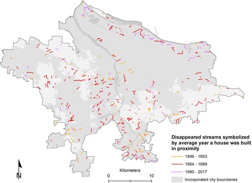 Figure 3. Map of disappeared streams symbolized by the average house construction date in the proximity of the former stream locations.