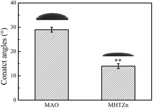 Figure 2. Contact angles of MAO and MHTZn coatings. Values represent mean ± SD (n = 3). * depicts statistical differences. **p < .01.