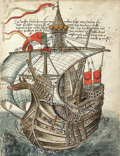 Figure 24. A new carvel-built ship with a dog-like monster in the bow, from a description of a pilgrimage from Venice to Jerusalem by Conrad Grünenberg in 1486. The ship sails under the Ottoman flag. ‘Beschreibung der Reise von Konstanz nach Jerusalem’ - Cod. St. Peter pap. 32 / Konrad Grünenberg. Original in Badische Landesbibliothek (public domain).