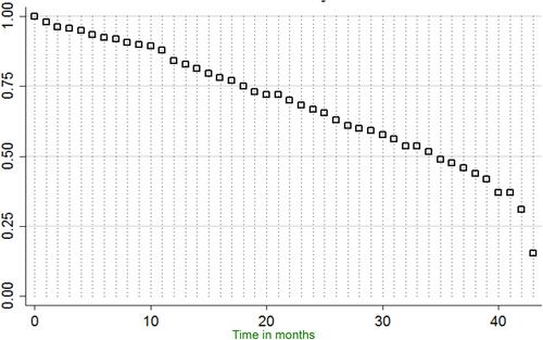 Figure 3 Cumulative survival Kaplan–Meier curve for time to the development of ADRs among HIV patients on ART St Mary Hospital.