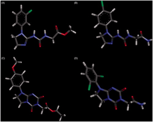 Figure 12. The molecular structures of 3b – (A), 4c – (B), 5e – (C), and 6d – (D).