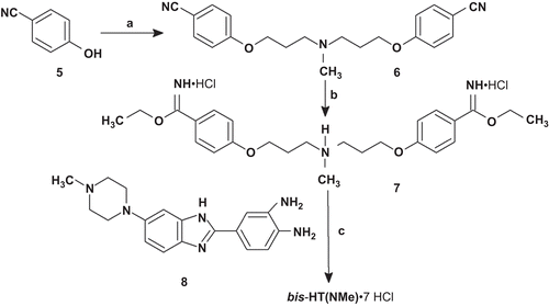 Scheme  2.  Synthesis of bis-HT(NMe). Reagents and conditions: (а) Cl(CH2)3N(CH3)(CH2)3Cl, NaH, DMF; (b) HCl, EtOH; (c) AcOH, N2, 120°C, HCl/MeOH, 20%. bis-HT(NMe) was purified by recrystallization from a mixture of MeOH-H2O-HCl.