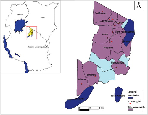 Fig. 1 Map of Ngorongoro District indicating wards as sampling areas for A. aegypti and C. pipiens complex occurrence data.