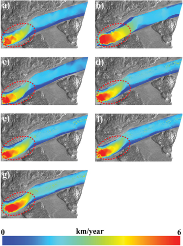 Figure 3. (a-g) Average ice velocity map of NS during April – June from 2014 to 2020. The velocity map indicated that the glacier might have a typical flow pattern reflecting ice surface elevation (around the red dot circle area in region A).