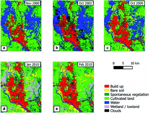 Figure 2. Multitemporal land use/cover maps of Dhaka: a, b, c maps were compared to quantify the urban growth; c, d, e maps were used to study the ordinary flood.