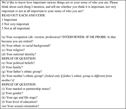 Figure 1. Identity questions in wave 2 of the Understanding Society Innovation Panel.