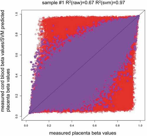 Figure 2. Methylation pattern across tissues and the between-tissue differences across individuals. (2a). Red circles indicate measured placenta beta values vs. measured cord blood beta values (x = measured placenta beta values, y = measured cord blood beta values), and purple circles indicate measured placenta beta values vs. SVM predicted placenta beta values (x = measured placenta beta values, y = predicted placenta beta values by single-CpG-based SVM and leave-one-out cross-validation). R2(raw) = CpG-wise R2 between measured methylation beta values in the placenta and measured methylation beta values in the cord blood. R2(svm) = CpG-wise R2 between measured methylation beta values in the placenta and predicted methylation beta values in the placenta by single-CpG-based SVM and leave-one-out cross-validation.