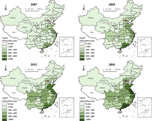 Figure 1. Spatial distribution of GGR for selected years.Source: Self-Calculated following Section 3.