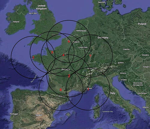 Fig. 4. Météo-France ADS-B antenna network (reception range ∼ 400 km). See Table 3 for exact positioning.