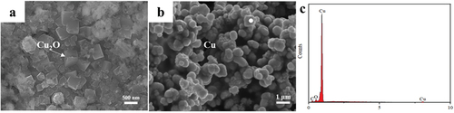Figure 2. SEM images of as-synthesized powders using supercritical water (a) without or (b) with formic acid solutions, EDS analysis result of as-synthesized Cu powders using supercritical water with formic acid solutions.