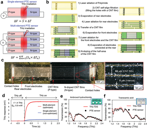 Figure 6. (a) Conceptual schematics of the multi-element PTE sensor; (b) Schematic of the fabrication process; (c) Photographs of the multi-element PTE sensor; (d) THz response comparison between the optimized and non-optimized PTE sensors; THz spectra of (e) ambroxol hydrochloride and (f) tranexamic acid acquired by the multi-element PTE sensor (black dots) and the THz-TDS system (red line).