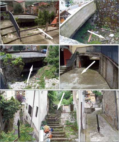 Figure 4. Examples of hydraulic critical points in Sala Consilina: (a), (b) (c) and (g) the main stream is channeled underground; (d) and (f) the stream re-emerges, but its bed has become a road; (e) the stream has a very small cross-section and is completely surrounded by houses.