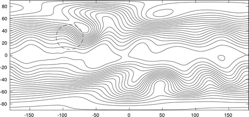 Fig. 2. Contour curves for the total height H of the fluid for the mountain problem, no. 5 from Williamson et al. (Citation1992): n = 360, K = 3, 2p = 6, c=10−5, T = 15 days. Method I.