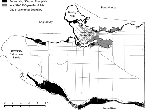 Figure 6. Coastal floodplain of City of Vancouver for the present and with sea level rise.