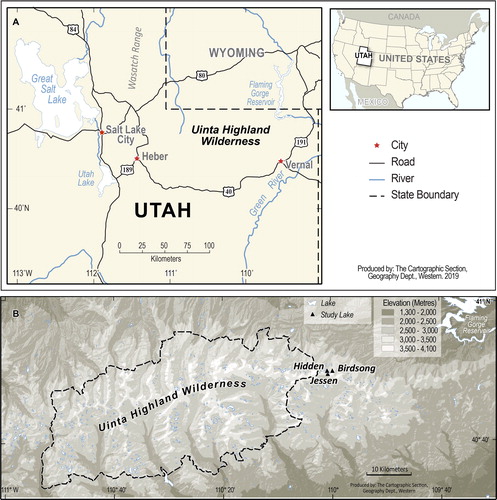 Figure 1. Study area maps of (A) the location of the Uinta Highland Wilderness in Utah and Utah in North America and (B) the location of the 34 study lakes (green triangles) in the Middle Fork Sheep Creek drainage basin just east of the Uinta Highland Wilderness boundary.