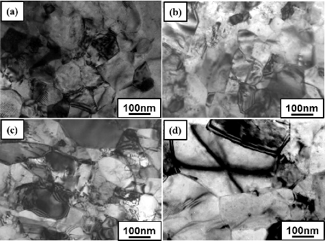 Figure 2. TEM bright field images for UFG316L+2%TiC heat treated at (a) 700 °C, (b) 750 °C, (c) 800 °C, and (d) 900 °C after 77 K cold-roll treatment.