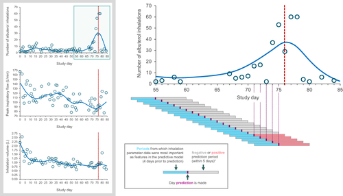 Figure 2 A patient example showing prediction periods and confirmed exacerbation in relation to albuterol use between study days 55 and 85, and albuterol use, peak inspiratory flow, and inhalation volume for the same patient over the full study period. Patient was a male (43 years of age) with a body mass index of 31.9 kg/m2. The red vertical dashed line represents a confirmed exacerbation.