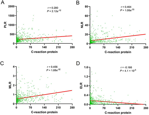 Figure 5 Correlations of PLR, NLR, MLR, BLR, and ELR with C-reaction protein in patients with acute exacerbation of chronic obstructive pulmonary disease. (A) PLR, platelet-to-lymphocyte ratio; (B) NLR, neutrophil-to-lymphocyte; (C) MLR, monocyte-to-lymphocyte ratio; (D) ELR, eosinophil-to-lymphocyte ratio.