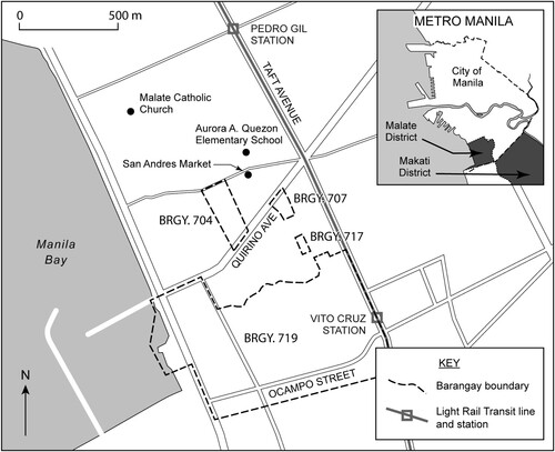 Figure 1. Location of barangays 704, 707, 717, and 719 within Malate and Manila. The map indicates key roads and destinations within Malate, as well as the adjacent district of Makati to which many Malate inhabitants travel regularly.